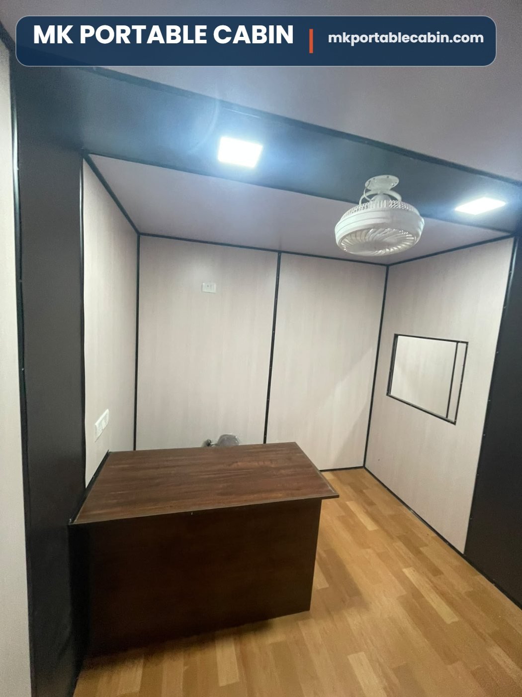 Manager cabin inside 20 x 10 portable office cabin with table and LED light