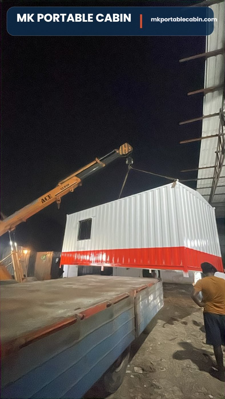 20 x 10 portable office cabin being lifted by crane for dispatch from MK Portable Cabin works