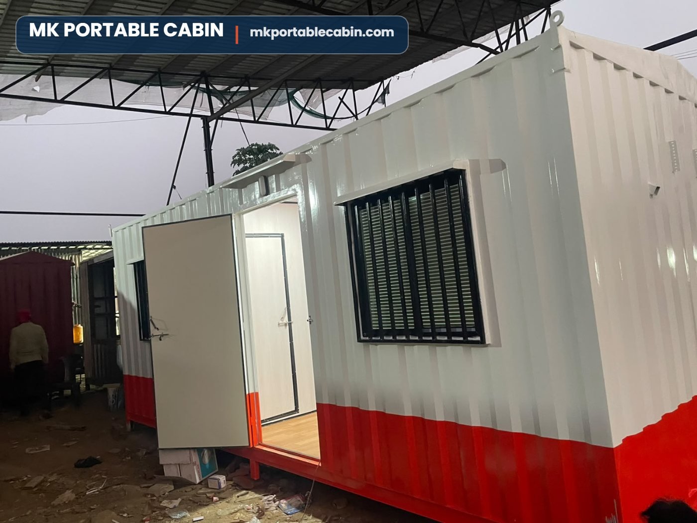 20 x 10 portable office cabin with entry door open showing interior