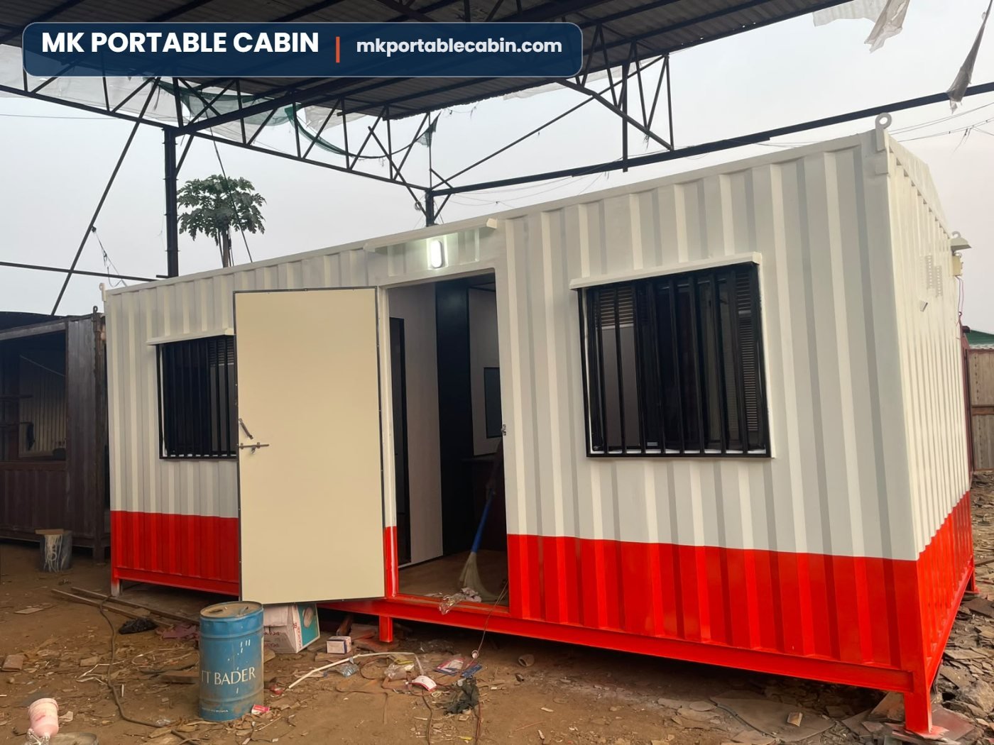 20 x 10 ft portable office cabin exterior with red and white finish, made by MK Portable Cabin, Mumbra Thane