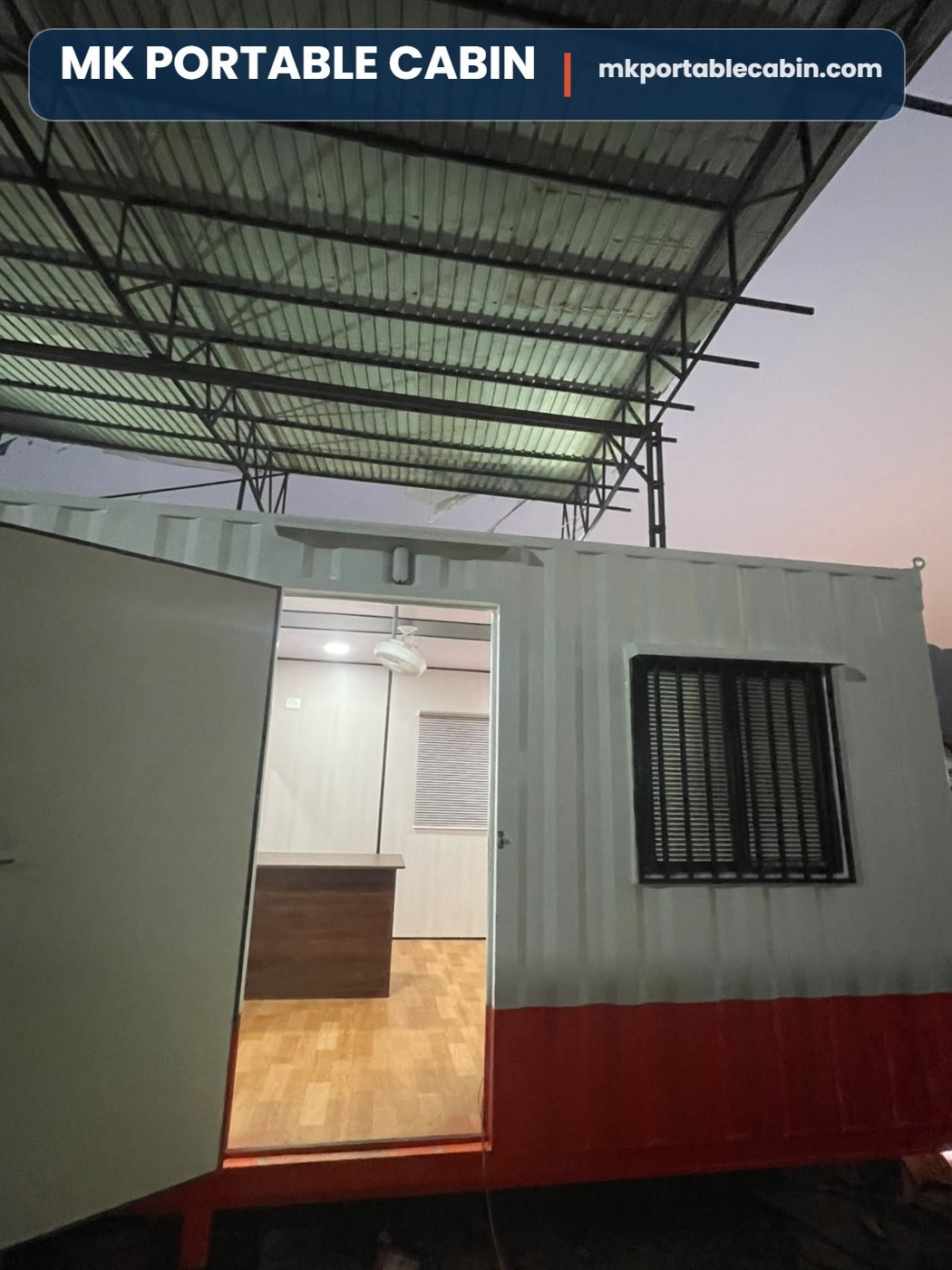 Entry door of 20 x 10 site office cabin with window and vinyl flooring inside